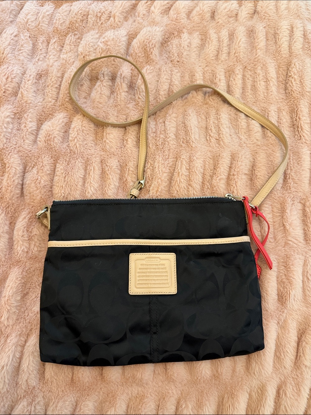 Coach Black Nylon Crossbody with Tan Trim and Red Zip Pull